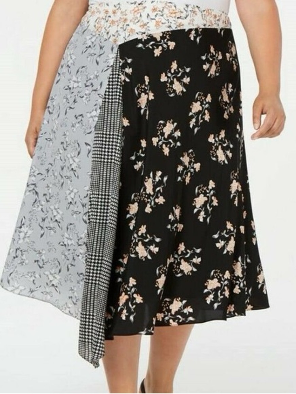 Calvin Klein Asymmetrical Patchwork Midi Skirt‎ Floral Houndstooth Academia 14W